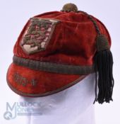 1933-4 Lancashire Velvet Rugby Honours Cap: Scarlet County cap, six panels, by Tyldesley and