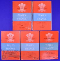 1954-1964 Wales v France Rugby Programmes (5): All at Cardiff, from 1954, 56, 58, 60 and 64. G/VG