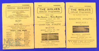 1945/46 Wolverhampton Wanderers v Charlton Athletic + Bury reserves double issue 1st match of