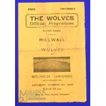 1946 Wolverhampton Wanderers v Millwall football league south match programme 6 October 1945; fair
