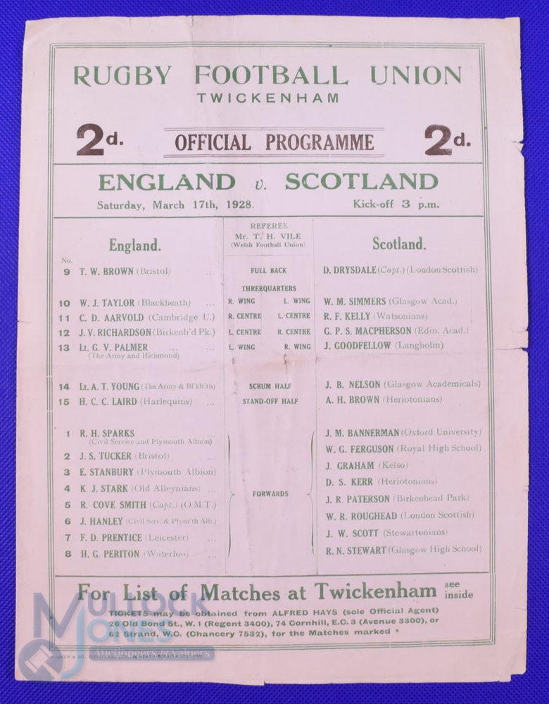 Scarce 1928 England v Scotland Rugby Programme: Larger format Twickenham issue with teams to