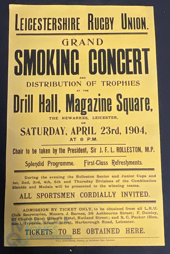 Original Posters Leicestershire Rugby Union Grand Popular Smoking Concert and Presentation of - Image 2 of 4