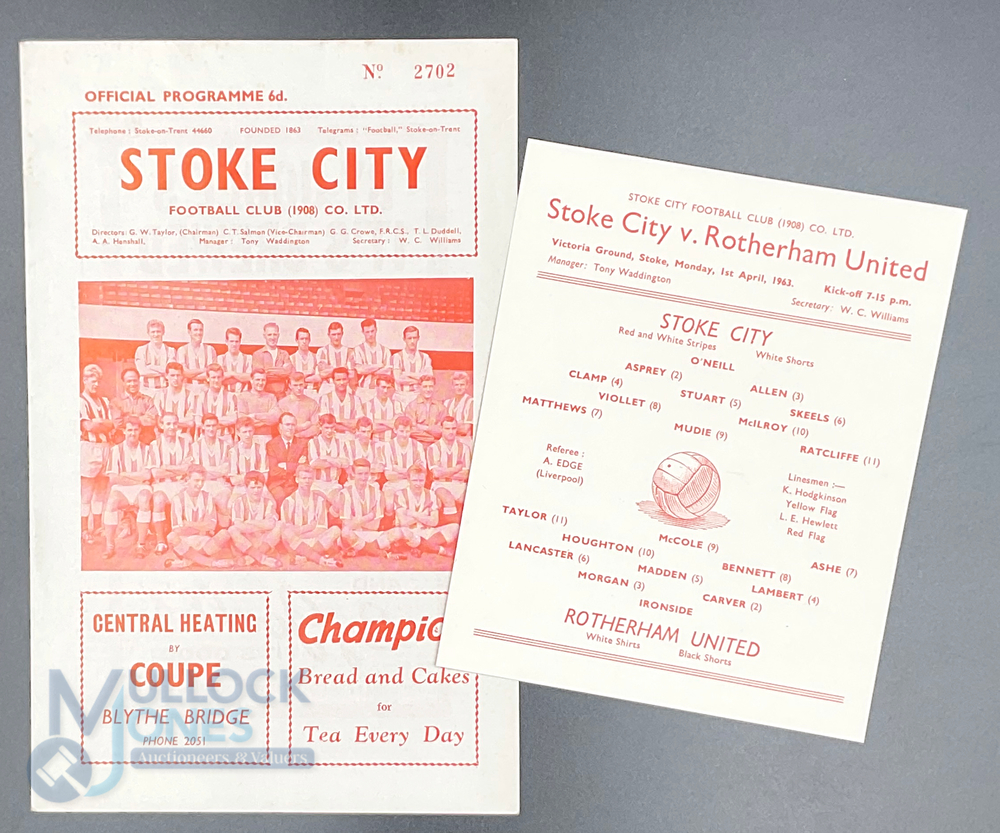 1962-63 Stoke City v Rotherham United 29th December 1962 postponed match programme, together with - Image 2 of 2