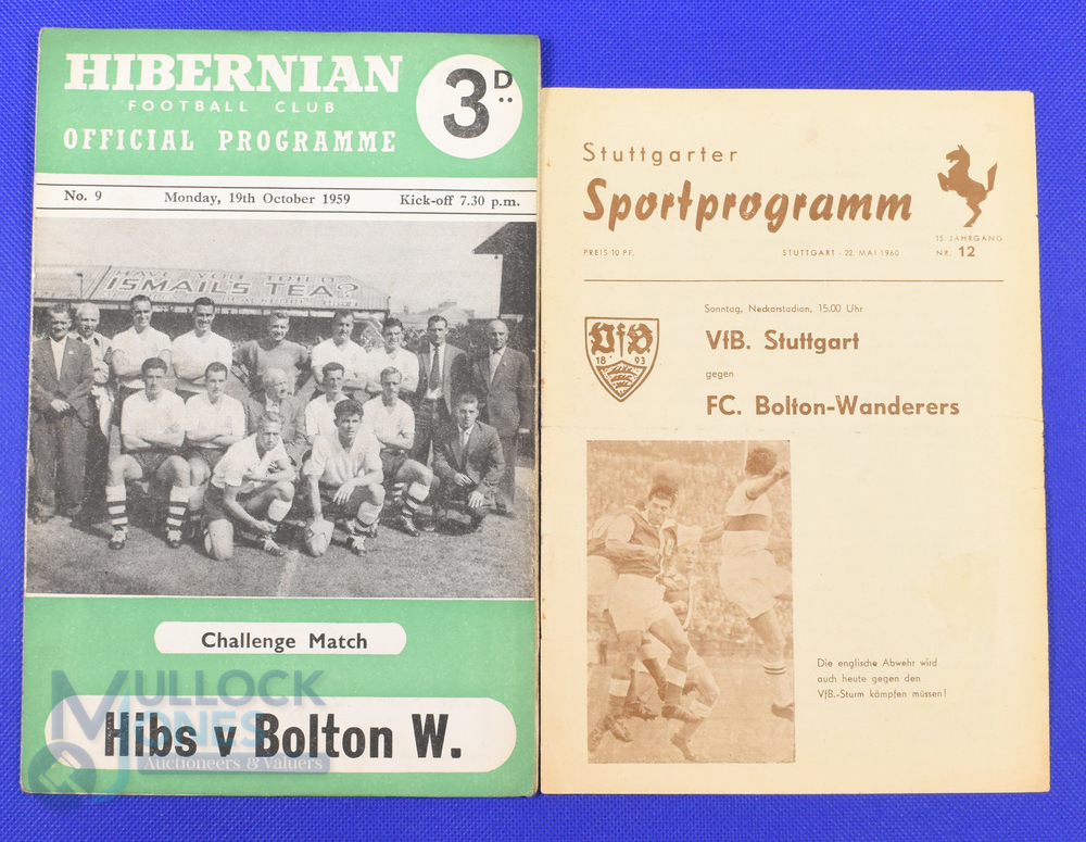 1959/60 Bolton Wanderers away friendly match programmes v Hibernian (19 October), v VFB Stuttgart (