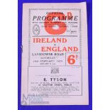 1953 Ireland v England Rugby Programme: One fold but generally good Lansdowne Road issue in an