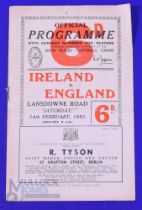 1953 Ireland v England Rugby Programme: One fold but generally good Lansdowne Road issue in an