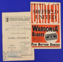 1946/47 Bolton Wanderers away match programmes v Huddersfield Town, v Sheffield Utd; fair/good. (2)
