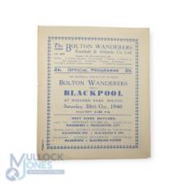 1946/47 Bolton Wanderers v Blackpool Div. 1 match programme 26 October 1946; score noted, fair. (1)