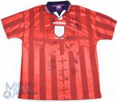 1997/98 Multi-Signed England International away football shirt in red, Umbro XL, short sleeve,