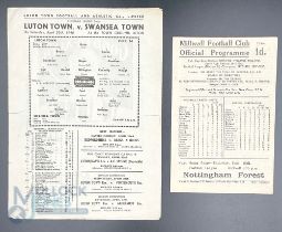 1945-46 Millwall FC v Swansea Town 10th September 1945 football programme, together with Luton