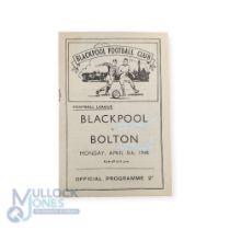 1947/48 Blackpool v Bolton Wanderers Div. 1 match programme 5 April 1948; fair/good. (1)