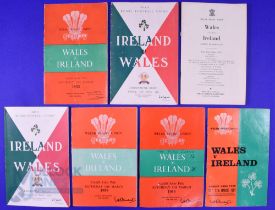 1955-1967 Wales and Ireland Rugby Programmes (7): At Dublin or Cardiff, 1955, 56, 57 (no cover), 58,