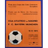 1974 European Cup final Atletico Madrid v Bayern Munich match programme in Brussels 15 May 1974;