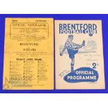 1946/47 Wolverhampton Wanderers v Brentford programme 14 September 1946; reverse match Brentford v