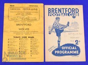 1946/47 Wolverhampton Wanderers v Brentford programme 14 September 1946; reverse match Brentford v