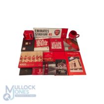Arsenal Football Handbooks and collectables: 5 membership handbooks, 2 unused Arsenal mugs, metal
