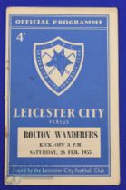 1954/55 POSTPONED Leicester City v Bolton Wanderers programme dated 26 February 1955; fair/good. (
