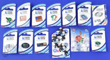 2015 RWC Official Rugby Lapel Badges (15): Flags of Ireland and Italy; SA Player Figure; Venues: