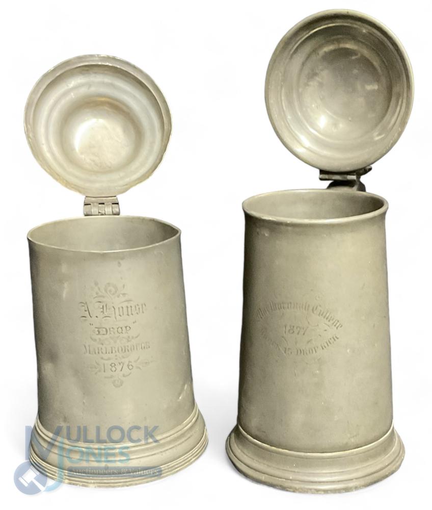 Marlborough College 19th century Pewter lidded Tankards 1876 Drop Kick named to A House and 1877 - Image 3 of 4