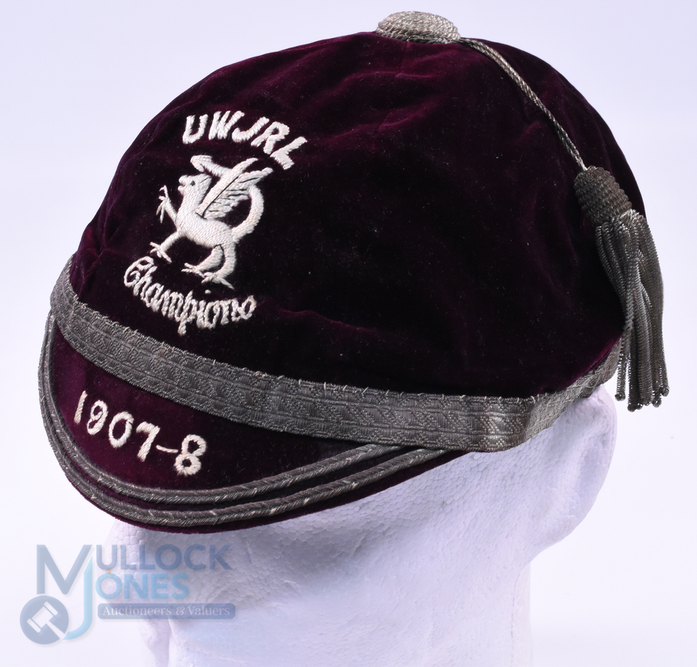 1907-8 University of Wales Junior Rugby Velvet Honours Cap: Maroon cap with silver braiding, tassel,