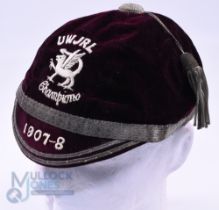 1907-8 University of Wales Junior Rugby Velvet Honours Cap: Maroon cap with silver braiding, tassel,