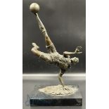 Bronze Football Player in Mid Air Kick figure on marble base by Milo, 34cm high including base