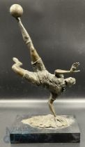 Bronze Football Player in Mid Air Kick figure on marble base by Milo, 34cm high including base