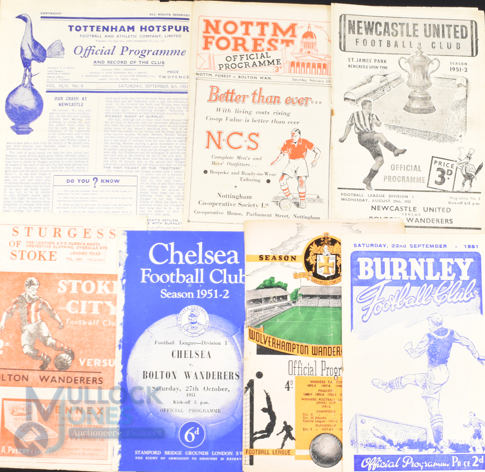 1951/52 Bolton Wanderers away match programmes v Burnley, Wolves, Chelsea, Stoke City, Newcastle