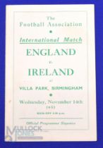 1951 England v Ireland international match programme 14 November 1951 at Villa Park; good. (1)