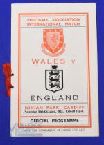 1953 Wales v England VIP international match programme 10 October 1953 at Ninian Park; has red