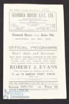 1951/52 Shamrock Rovers v Aston Villa friendly 4 page match programme 3 May 1952 at Glenmalure Park;