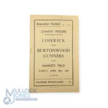1953/54 Limerick v Burtonwood Gunners charity match programme at Markets Field 25 April 1954;