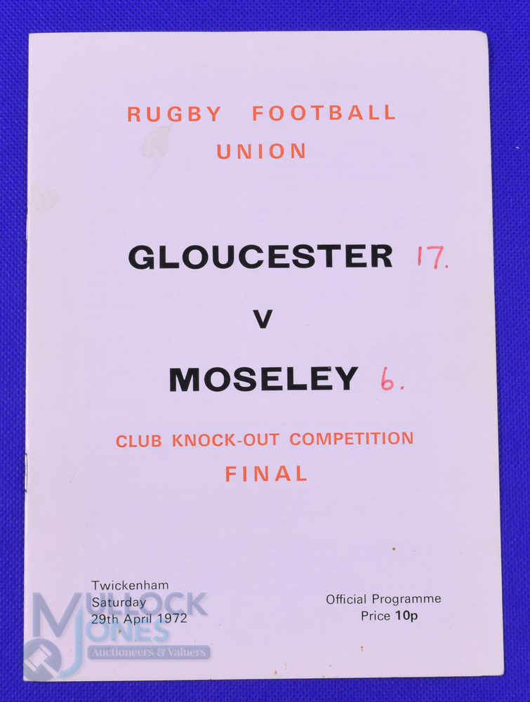1972 First RFU KO Cup Final Rugby Programme: Gloucester 17 v Moseley 6, just 15,000 at Twickenham,