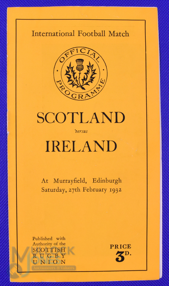 Scarce 1932 Scotland v Ireland Rugby Programme: Standard Murrayfield slim orange 8pp issue v