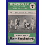 1957/58 Hibernian v Manchester City floodlit challenge match programme 25 November 1957 at Easter