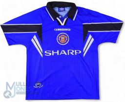 1997/98 Manchester United Multi-Signed 3rd football shirt in blue, Umbro/Sharp, size M, short