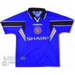 1997/98 Manchester United Multi-Signed 3rd football shirt in blue, Umbro/Sharp, size M, short