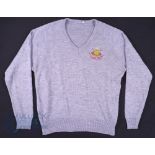 1985 Llanelli RFC Cup Winners Badged Pullover: 44" chest, excellent mid grey jumper from 40 years