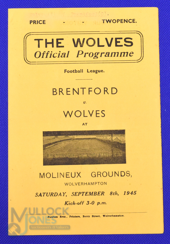1945/46 Wolverhampton Wanderers v Brentford football league south match programme 8 September