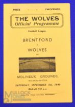 1945/46 Wolverhampton Wanderers v Brentford football league south match programme 8 September