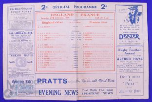 Scarce 1926 England v France Rugby Programme: The early Twickenham newspaper style format, with