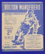 1947/48 Bolton Wanderers v Grimsby Town Div. 1 match programme 17 April 1948; fair. (1)
