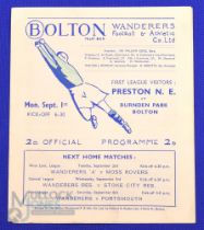 1947/48 Bolton Wanderers v Preston NE Div. 1 match programme 1st September 1947; very neat team
