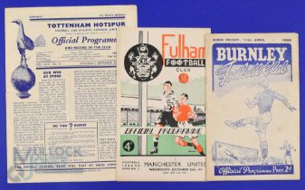 1951/52 Manchester Utd (champions) away match programmes v Burnley, Fulham, Tottenham Hotspur;