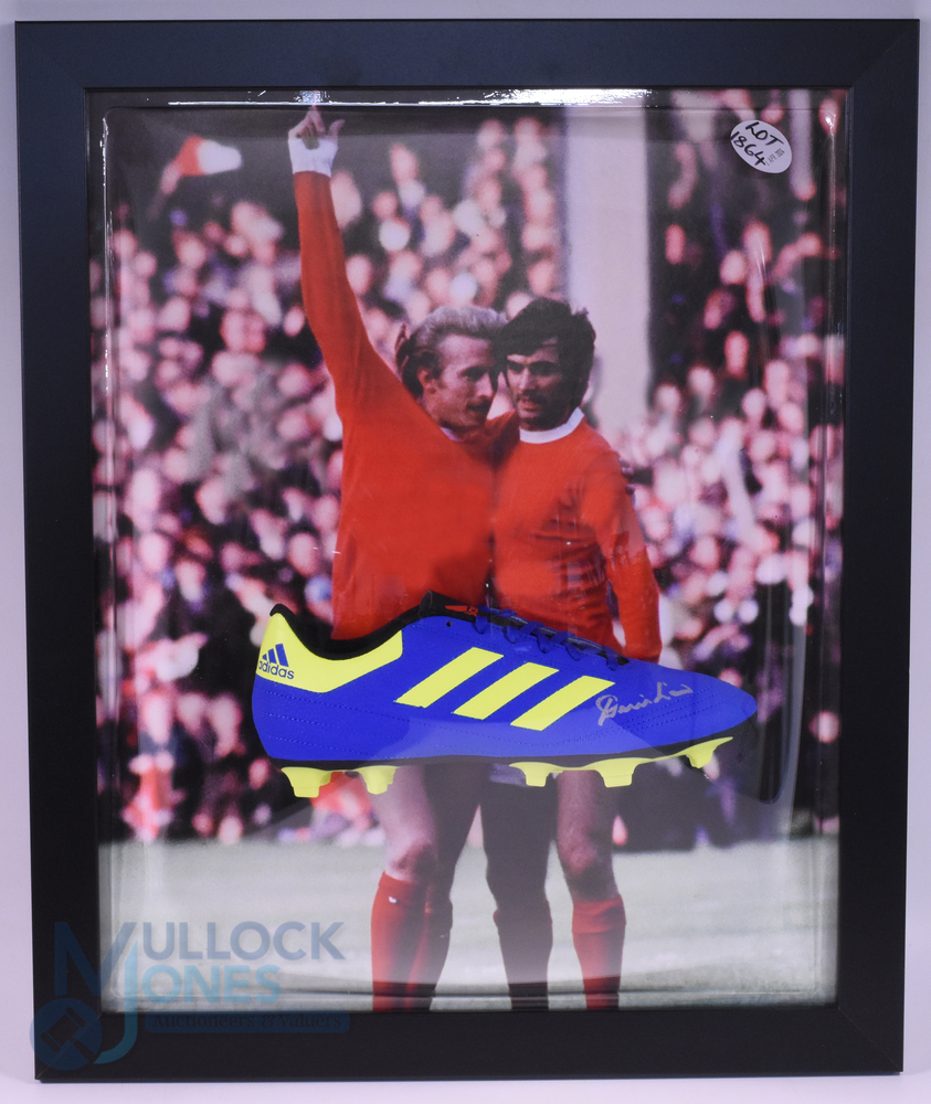 Dennis Law Manchester United Signed Football Boot: a modern blue boot framed and mounted in front of