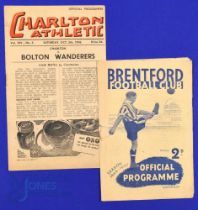 1946/47 Bolton Wanderers away match programmes v Brentford (fair at best), Charlton Athletic (good);