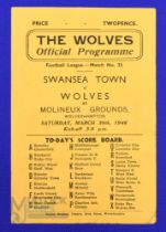 1945/46 Wolverhampton Wanderers v Swansea Town football league south match programme 30 March