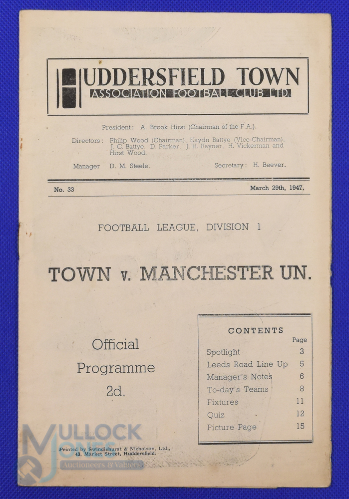 1946/47 Huddersfield Town v Manchester Utd Div. 1 match programme 29 March 1947; fair/good. (1)