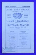 Scarce 1922 Varsity Match Rugby Programme: Usual 4pp blue, Cambridge win, fold a tad grubby to