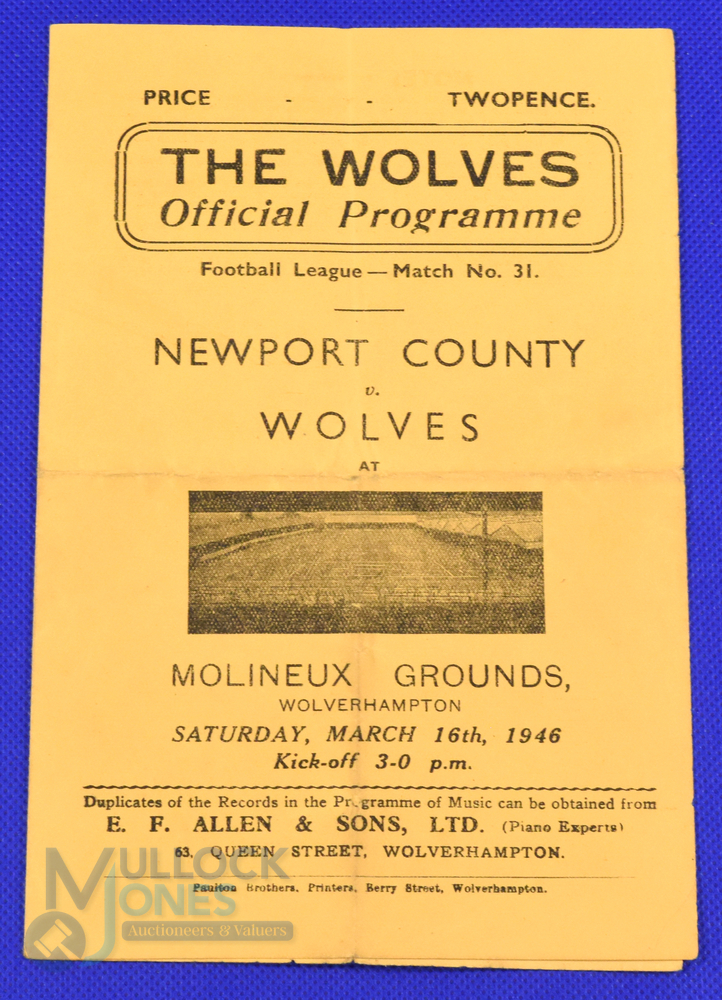 1945/46 Wolverhampton Wanderers v Newport County football league (south) match programme 16 March